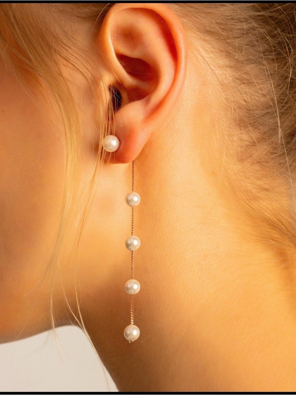 Gold Pearl Drop Earrings - Long White Pearl Dangle - Picture 4 of 4